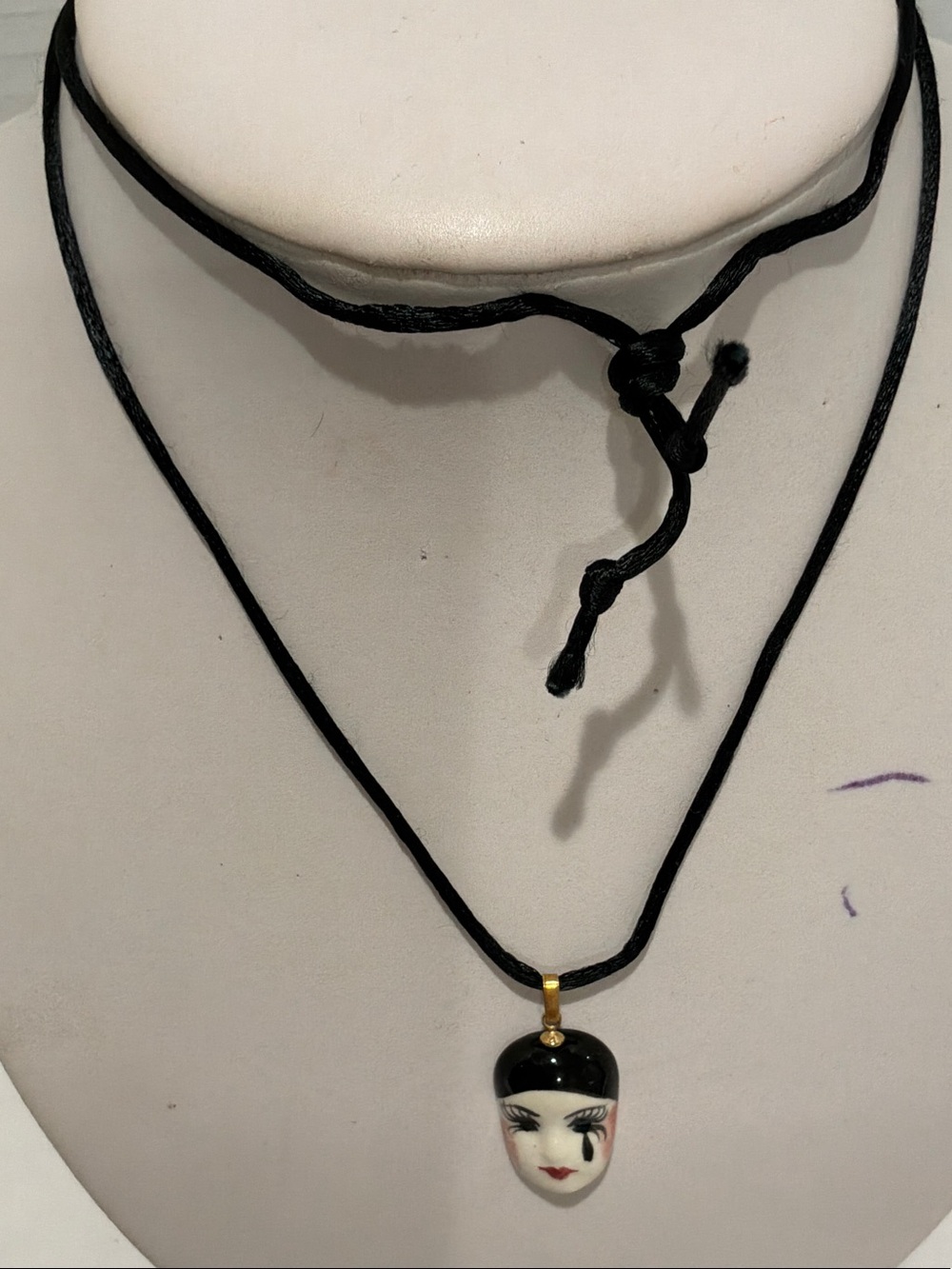 Hand-Painted Porcelain Face Pendant Necklace by Kathleen Thomas signed
